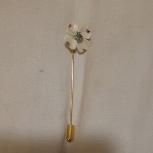 White Enamel Flower Stick Pin with Gold Stem Vintage